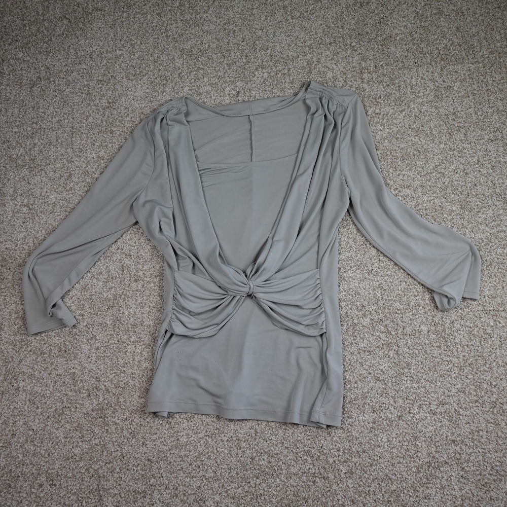 New York & Company Womens Twist Front V-Neck Top Grey 3/4 Sleeve Medium - Picture 2 of 5